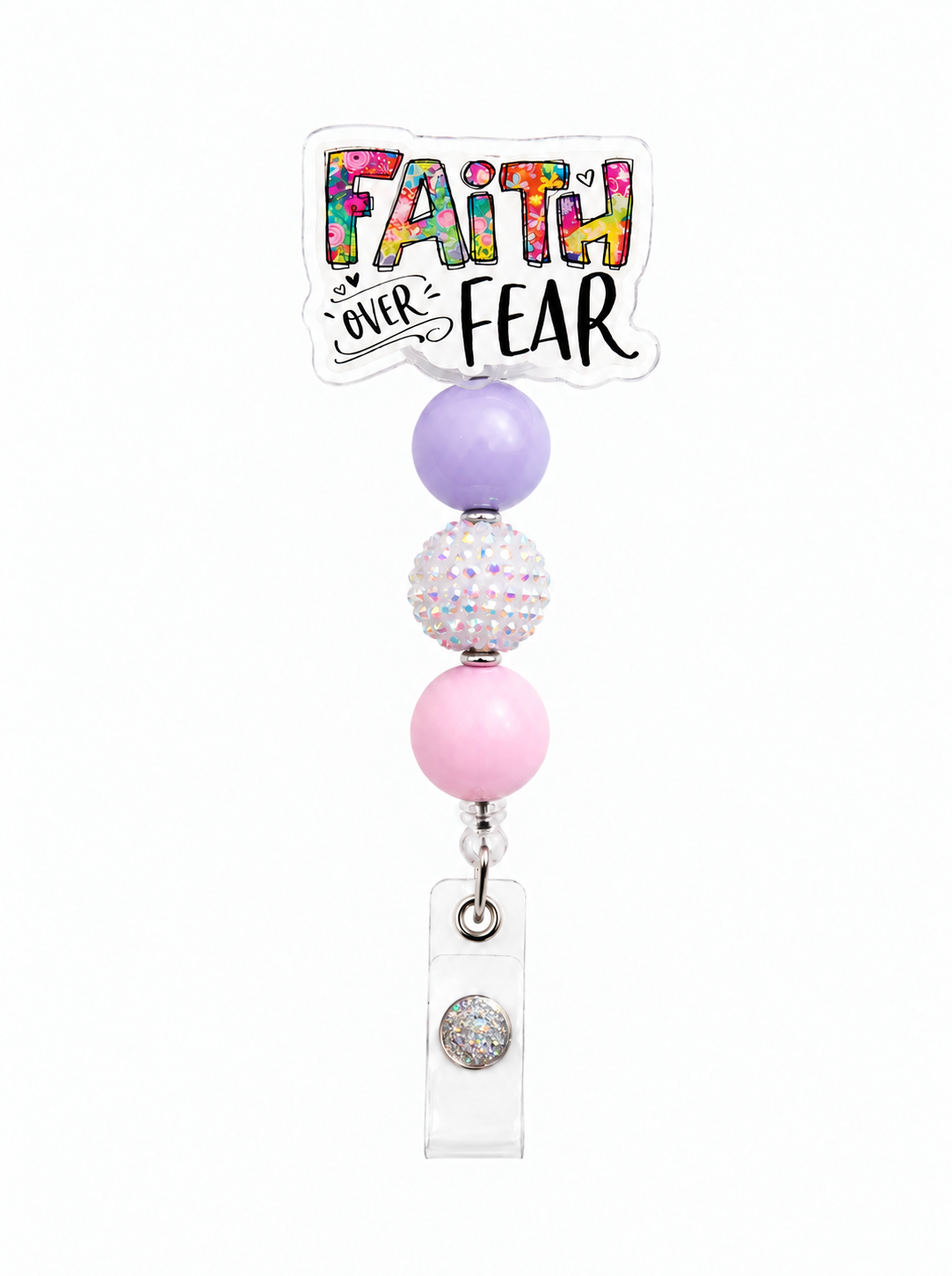 Faith Over Fear Badge Reel - Pastel Purple, White & Pink Beaded ID Holder