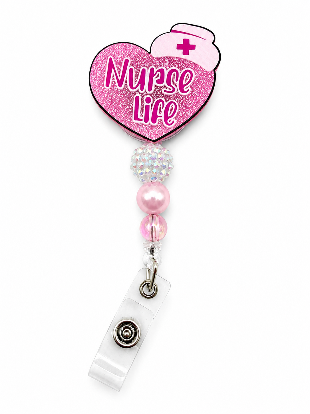 Nurse Life Pink Glitter Beaded Badge Reel with ID Holder
