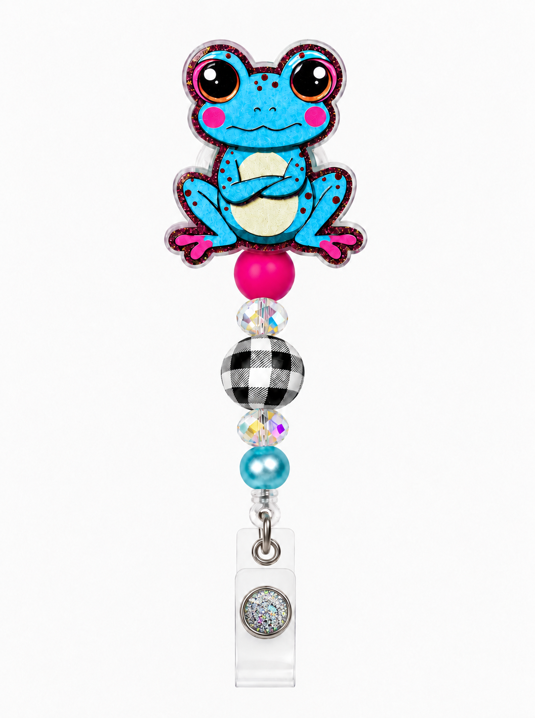 Blue Frog Beaded Badge Reel with Pink, AB Crystal & Checkered Beads