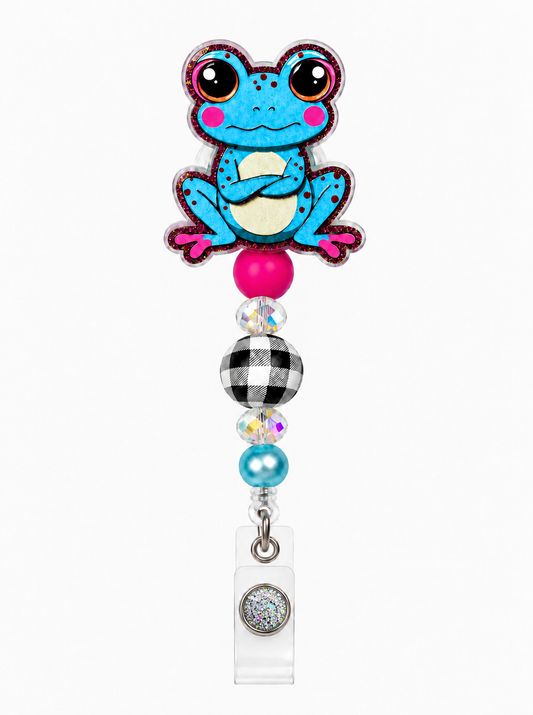 Blue Frog Beaded Badge Reel with Pink, AB Crystal & Checkered Beads