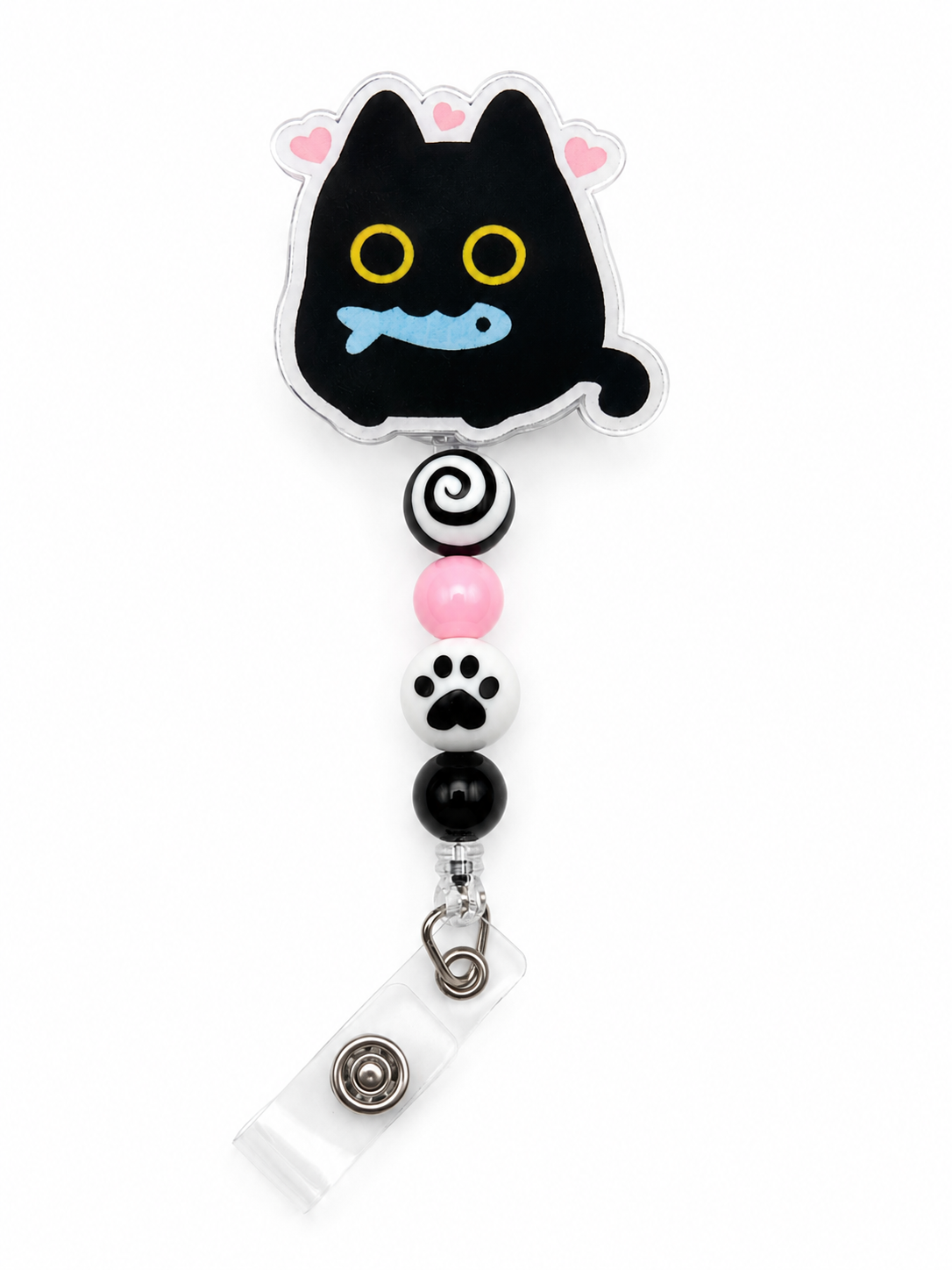 Cute Black Cat Badge Reel - Pink & Black Beaded Retractable ID Holder