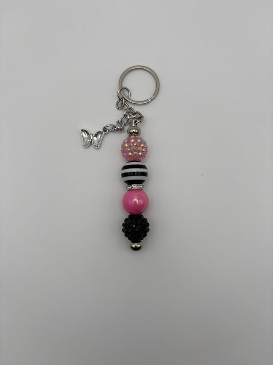 Pink & Black Stripe Beaded Keychain with Butterfly Charm