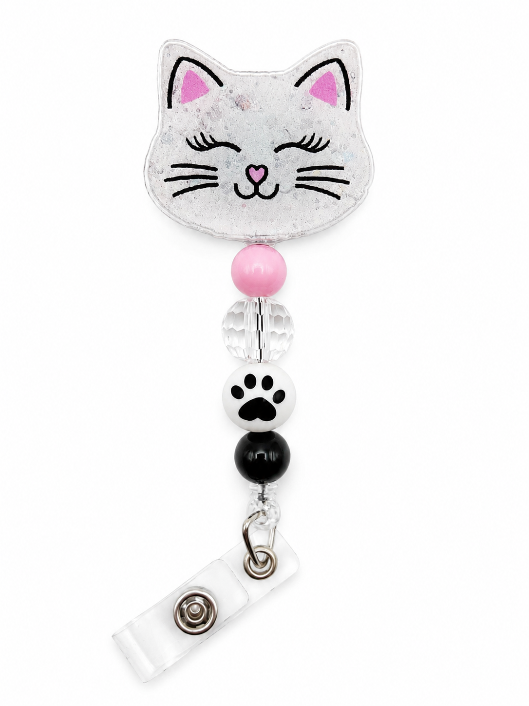 White Cat Badge Reel - Pink & Black Beaded Retractable ID Holder for Nurses & Teachers