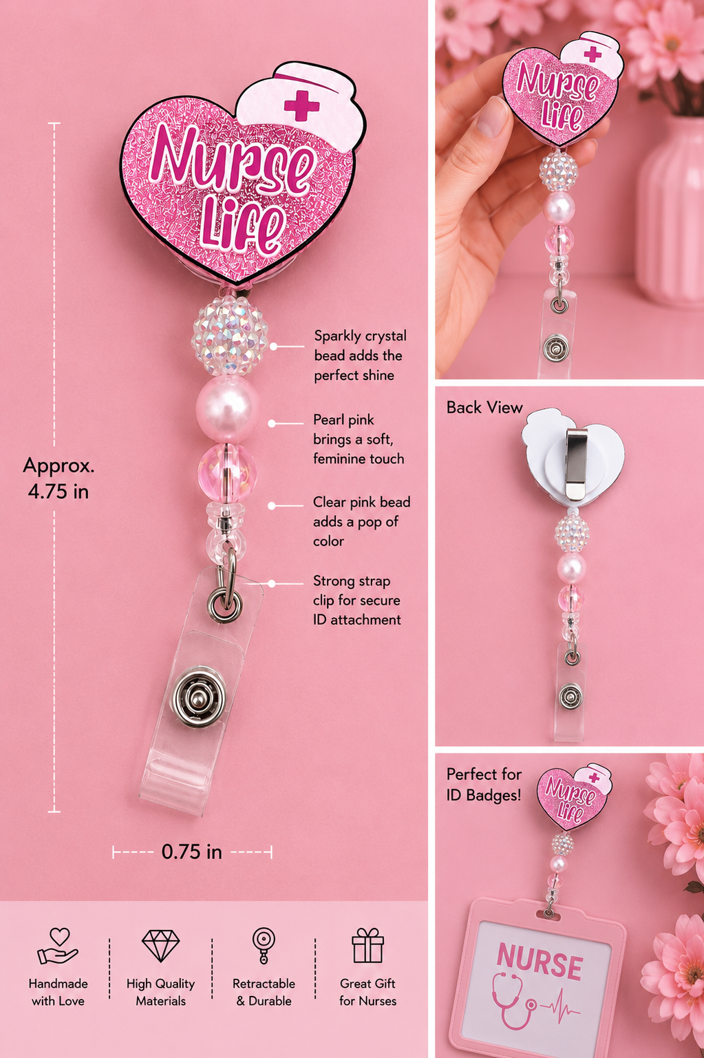 Nurse Life Pink Glitter Beaded Badge Reel with ID Holder