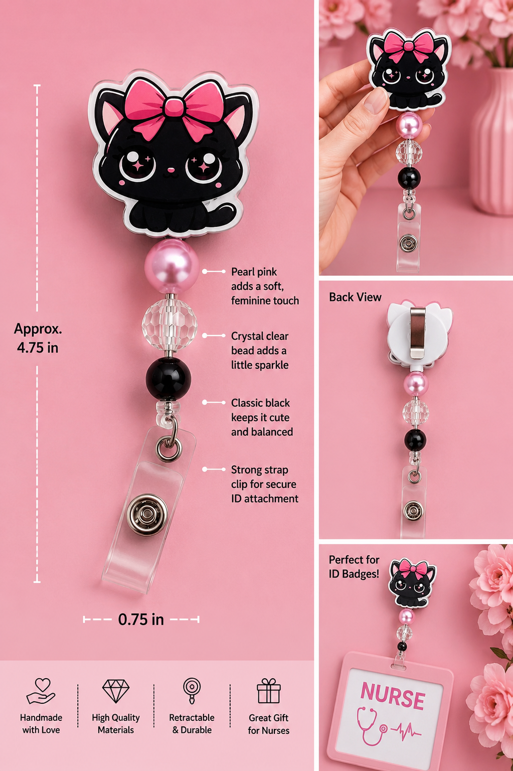 Cute Black Cat Beaded Badge Reel with Pink Bow & ID Holder