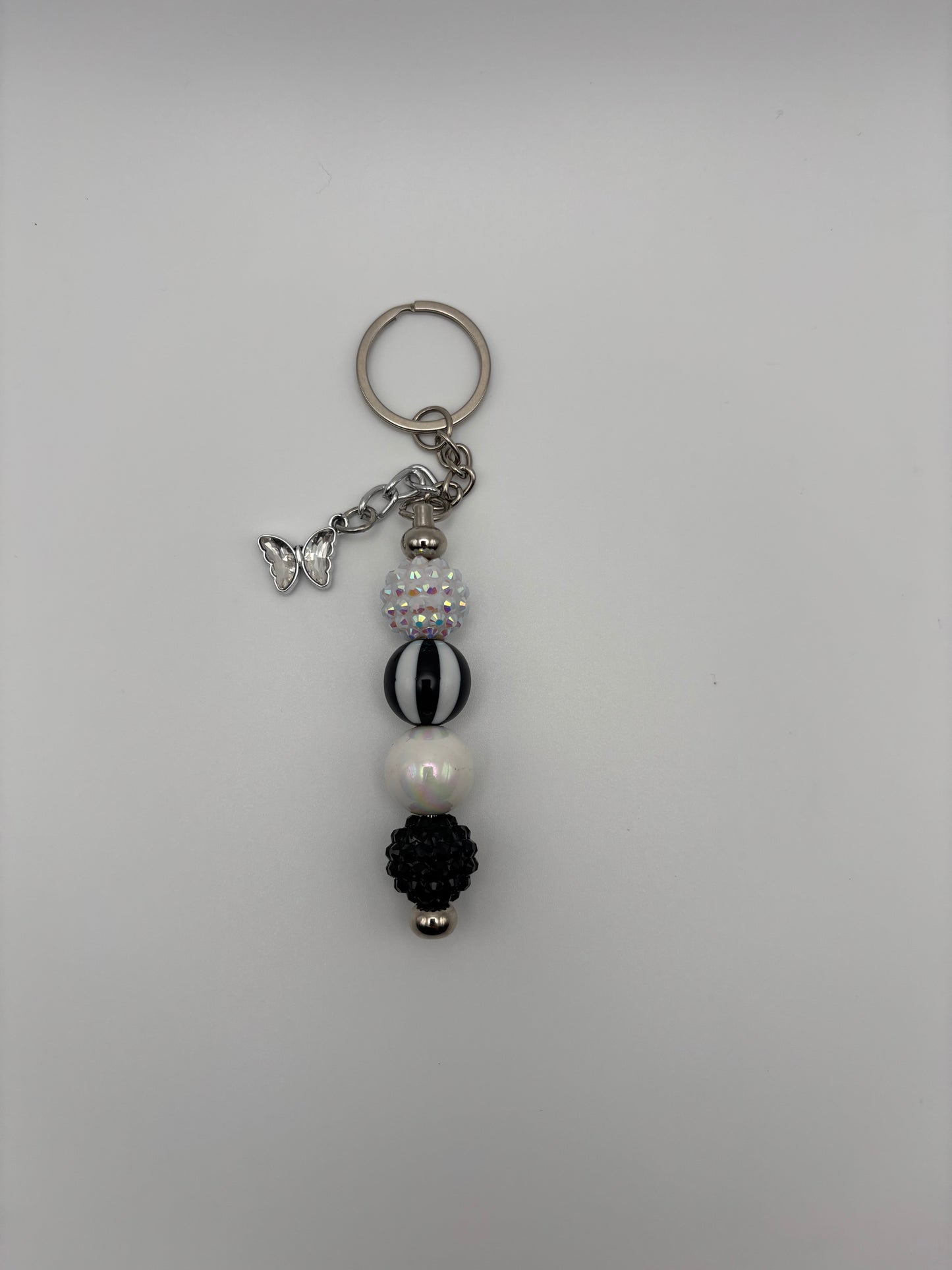 Black & White Sparkle Beaded Keychain with Butterfly Charm