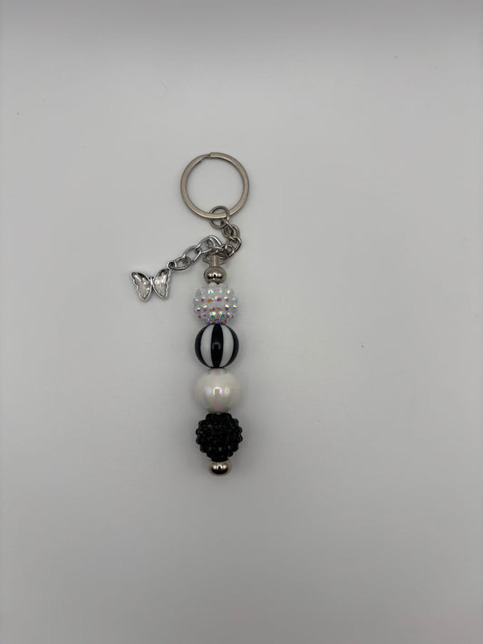 Black & White Sparkle Beaded Keychain with Butterfly Charm