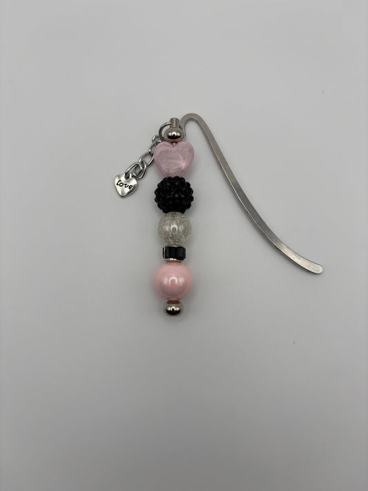 Pink & Black Heart Beaded Bookmark with Love Charm