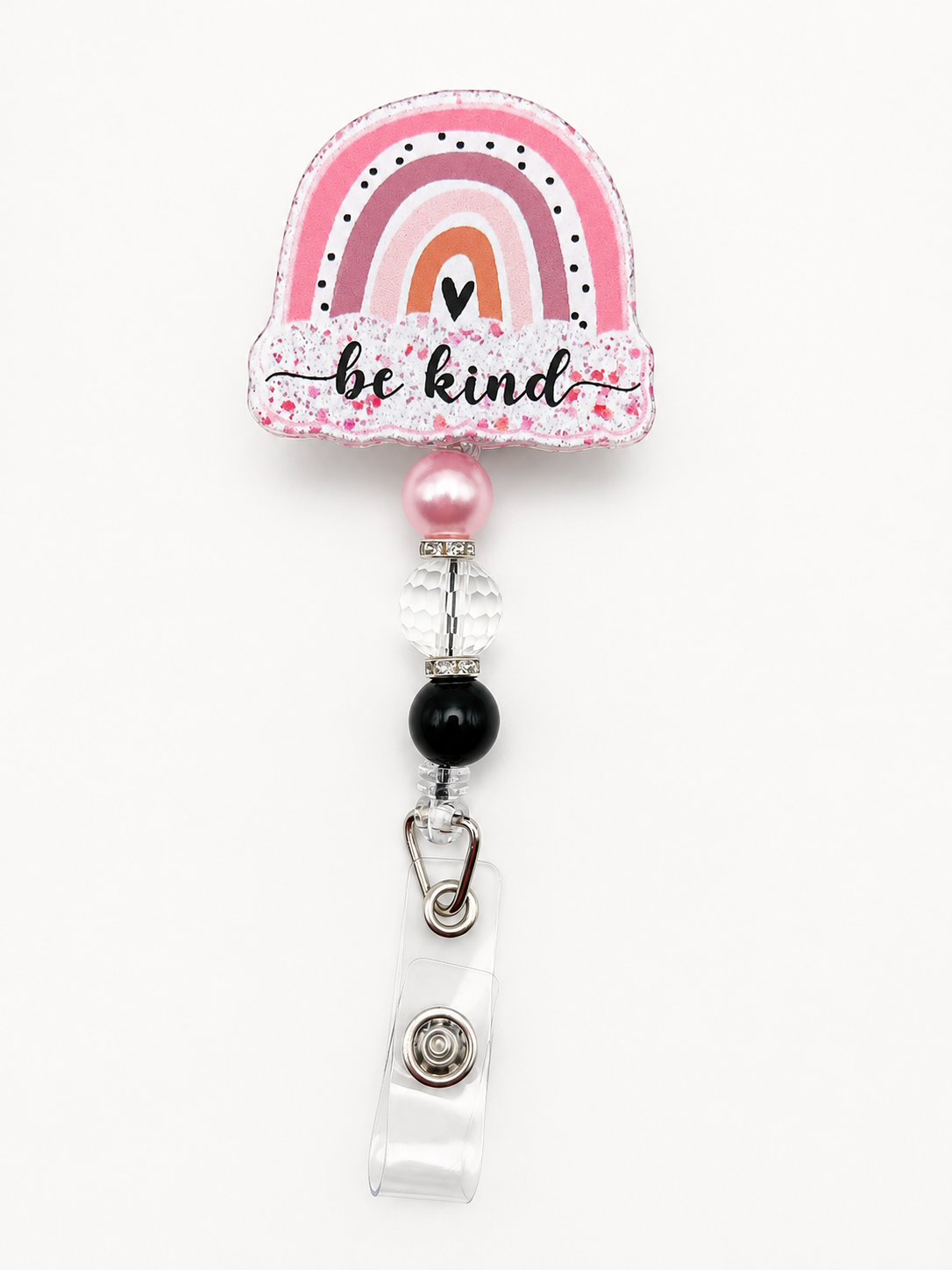 Be Kind Rainbow Badge Reel - Pink Beaded Nurse & Teacher ID Holder