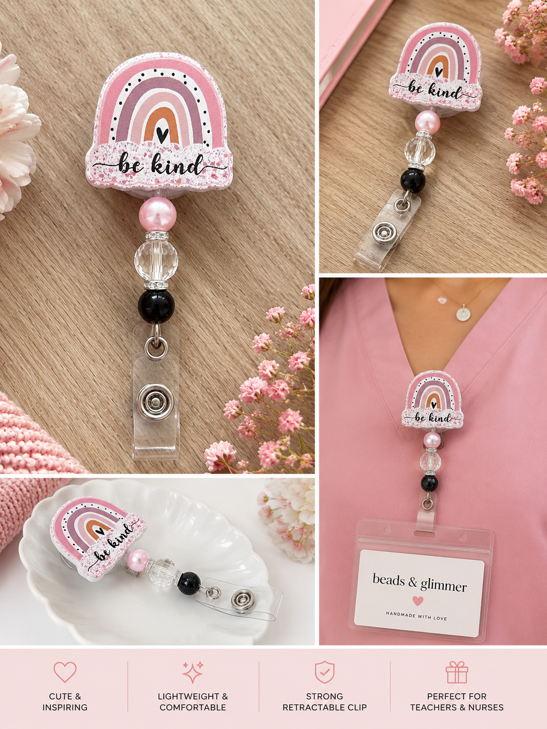 Be Kind Rainbow Badge Reel - Pink Beaded Nurse & Teacher ID Holder