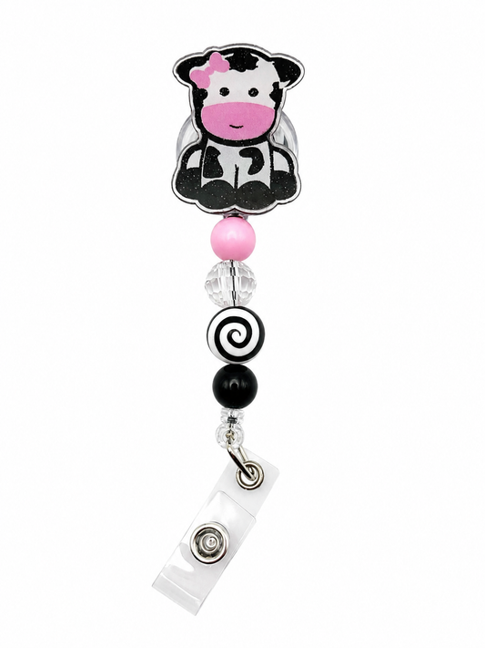 Cow Print Beaded Badge Reel with Pink Bow - Cute Nurse & Teacher ID Holder