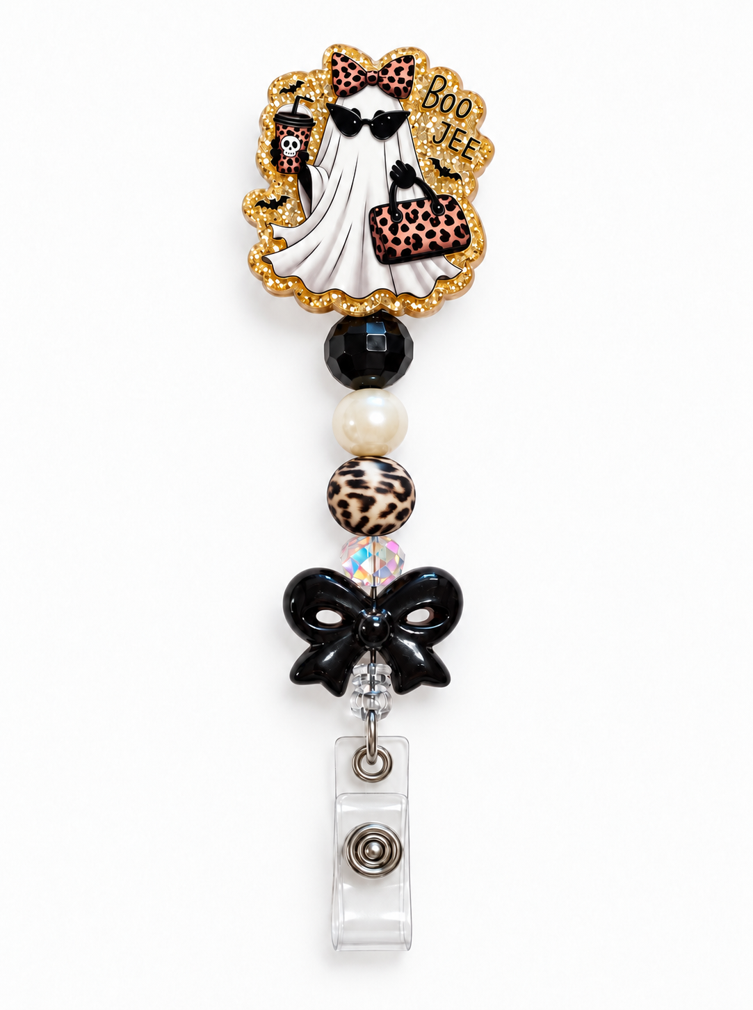 Boo Jee Ghost Badge Reel – Leopard Print & Black Bow