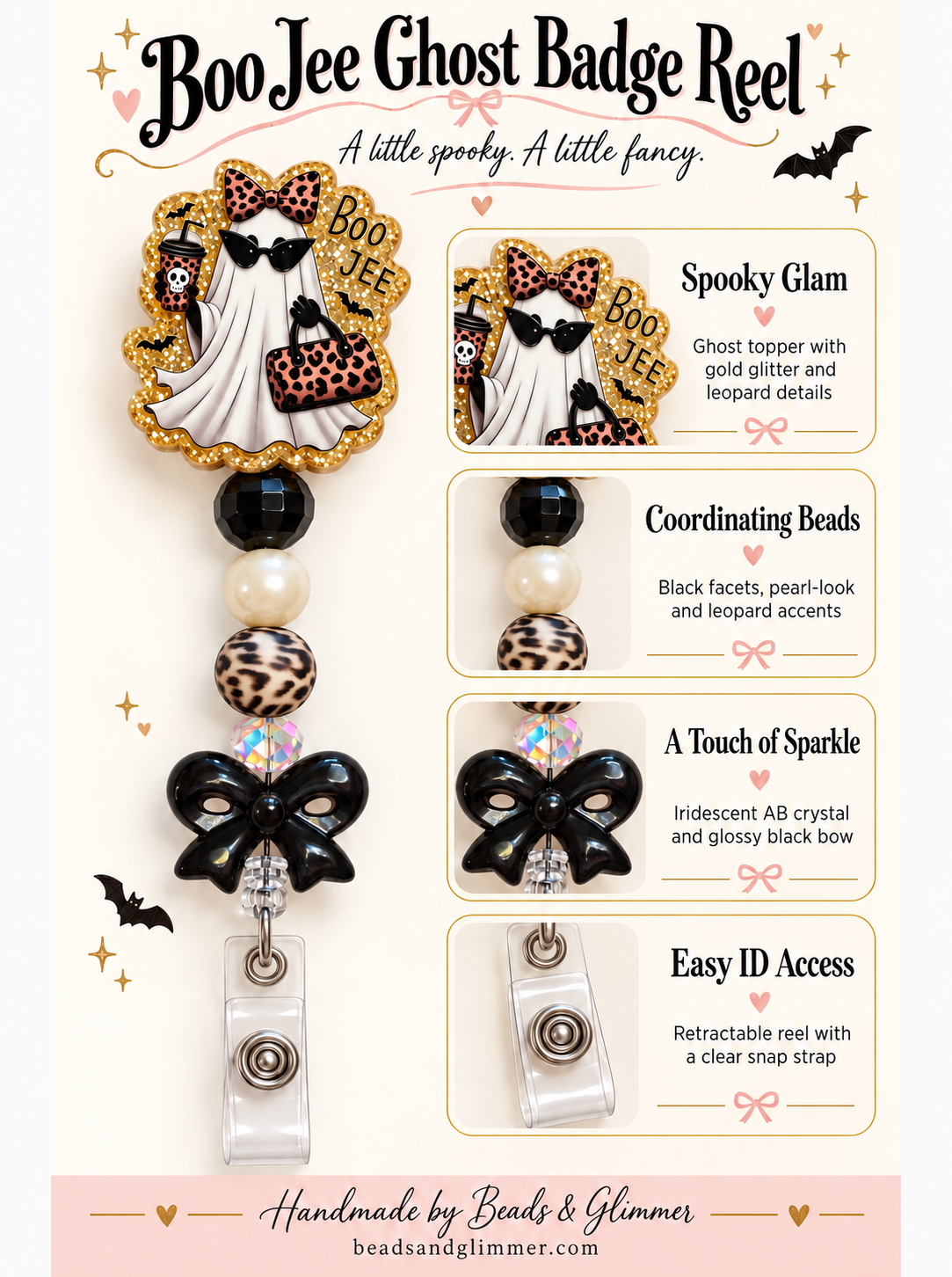 Boo Jee Ghost Badge Reel – Leopard Print & Black Bow