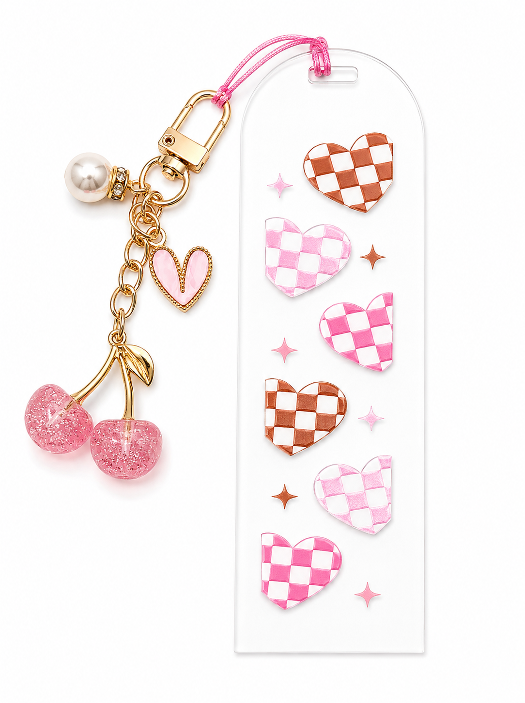 Pink Checkered Heart Acrylic Bookmark with Cute Aesthetic Charms