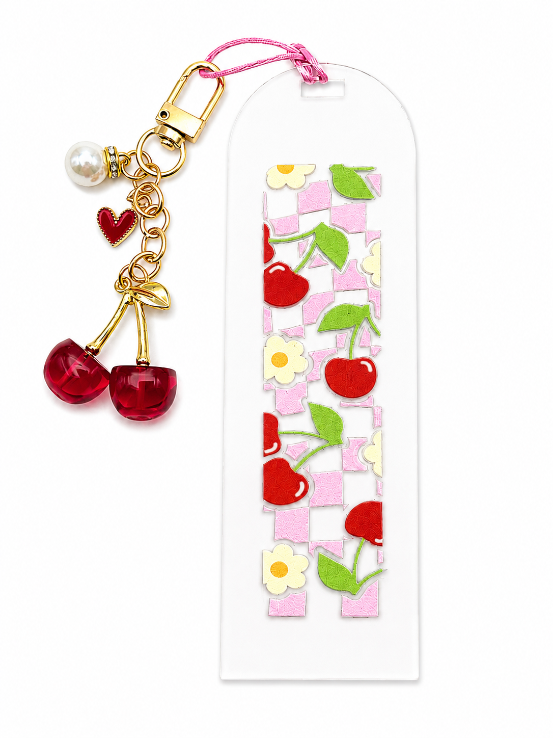 Cherry Checker Acrylic Bookmark Charm - Cute Cherry Bookmark - Coquette Kawaii Reader Gift