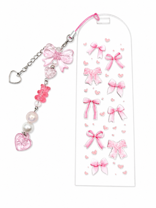 Pink Blush Heart & Bow Acrylic Bookmark with Charm - Coquette Inspired Handmade Bookmark