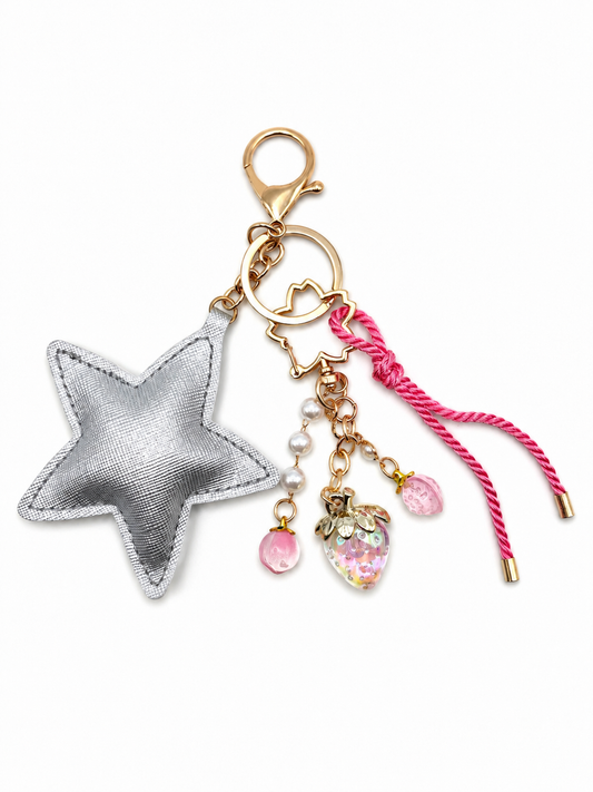 Silver Star Faux Leather with Strawberry Charm and Gold Hardware - Cute Keychain and Bag Charm