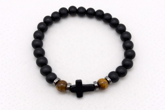 Black Onyx & Tiger Eye with Black Matte Cross - Beaded Stretch Bracelet