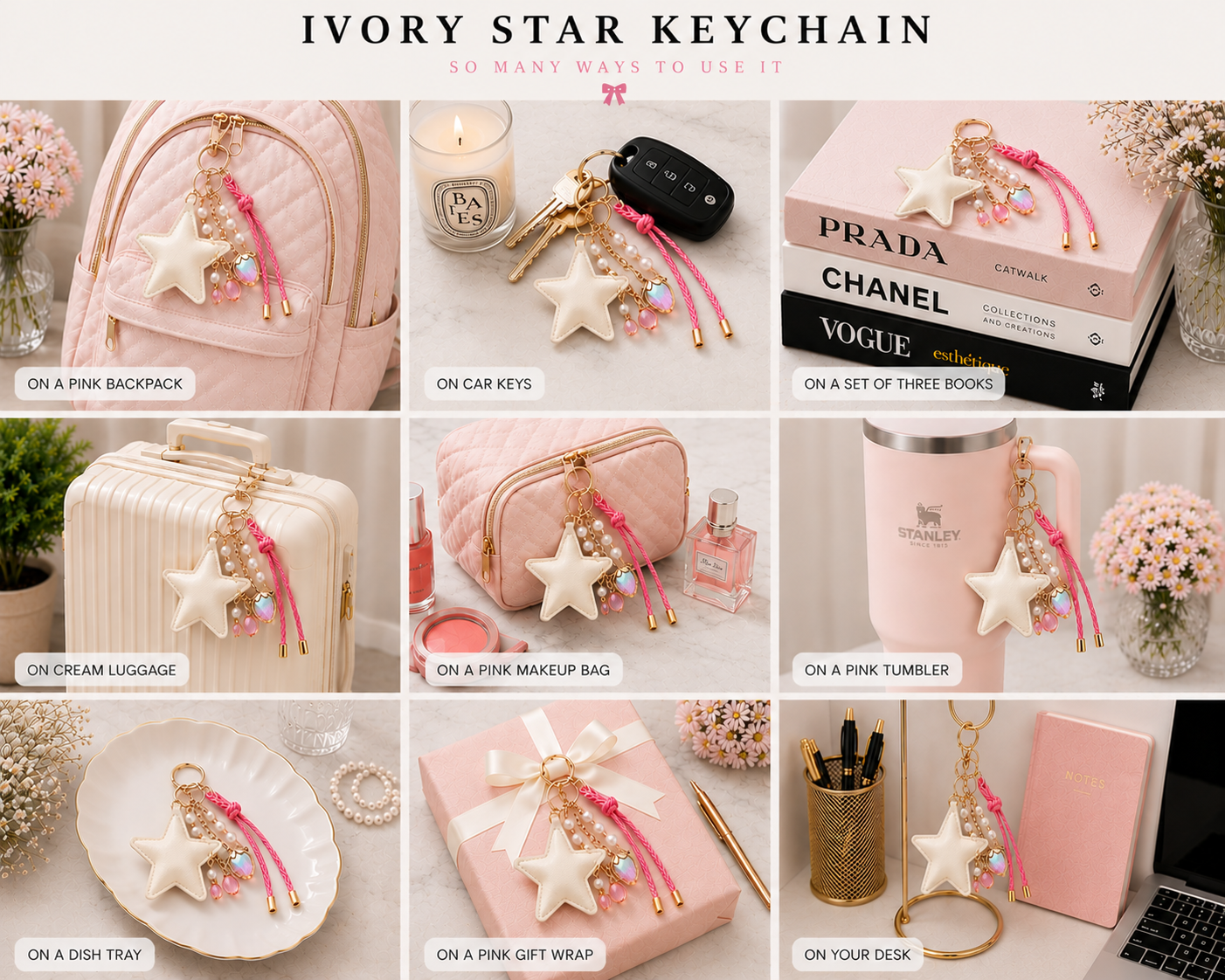 Ivory White Star Faux Leather with Strawberry Charm and Gold Hardware Star - Cute Keychain and Bag Charm