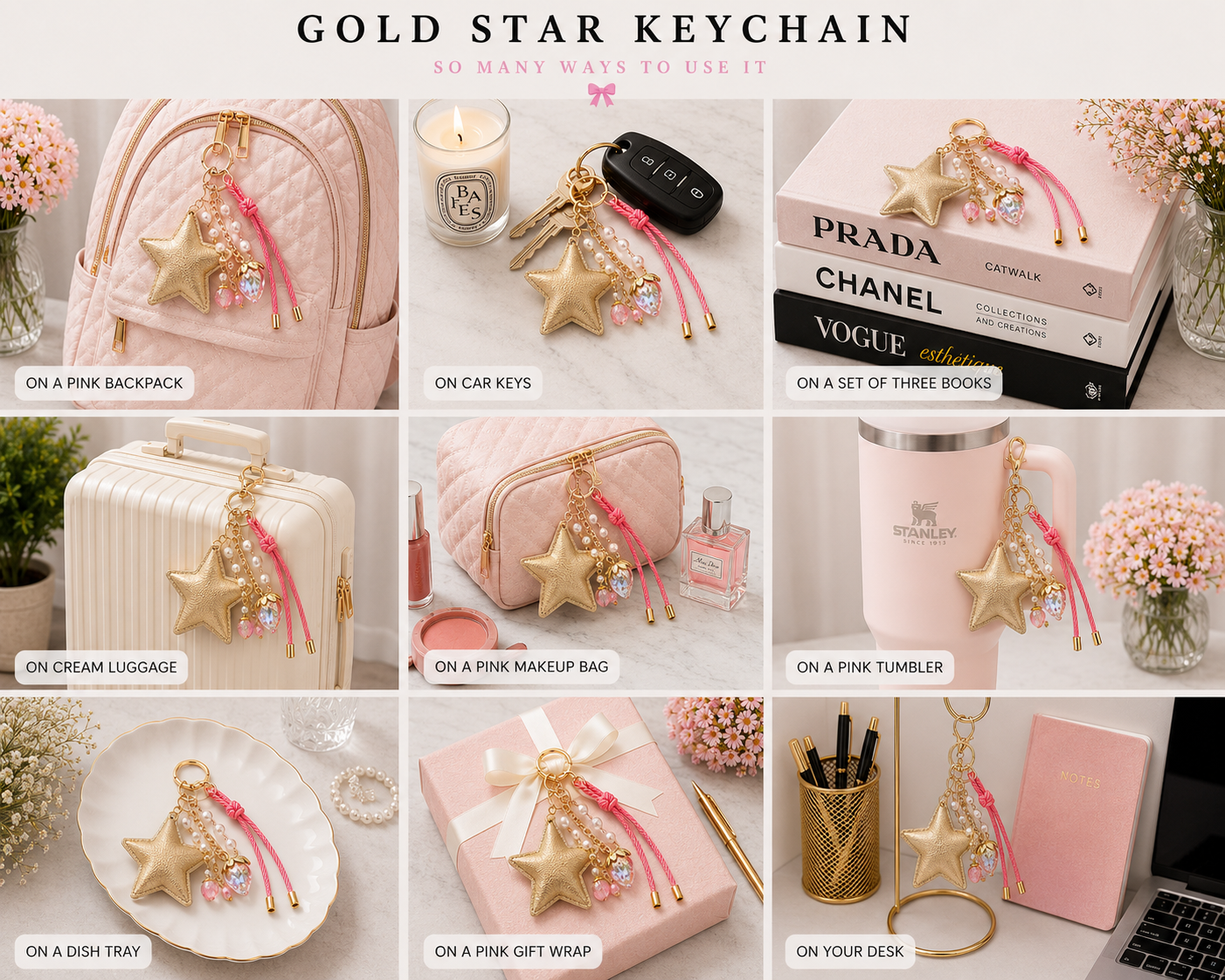 Gold Star Faux Leather with Strawberry Charm and Gold Hardware Star - Cute Keychain and Bag Charm