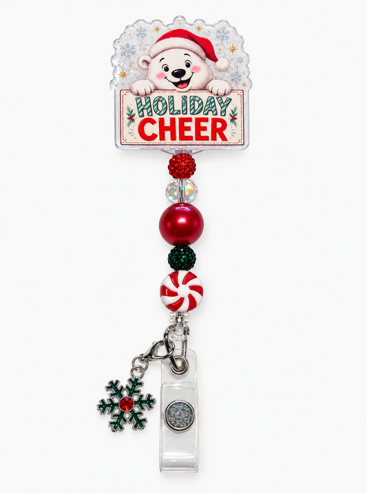 Holiday Cheer Polar Bear Beaded Badge Reel with Snowflake Charm