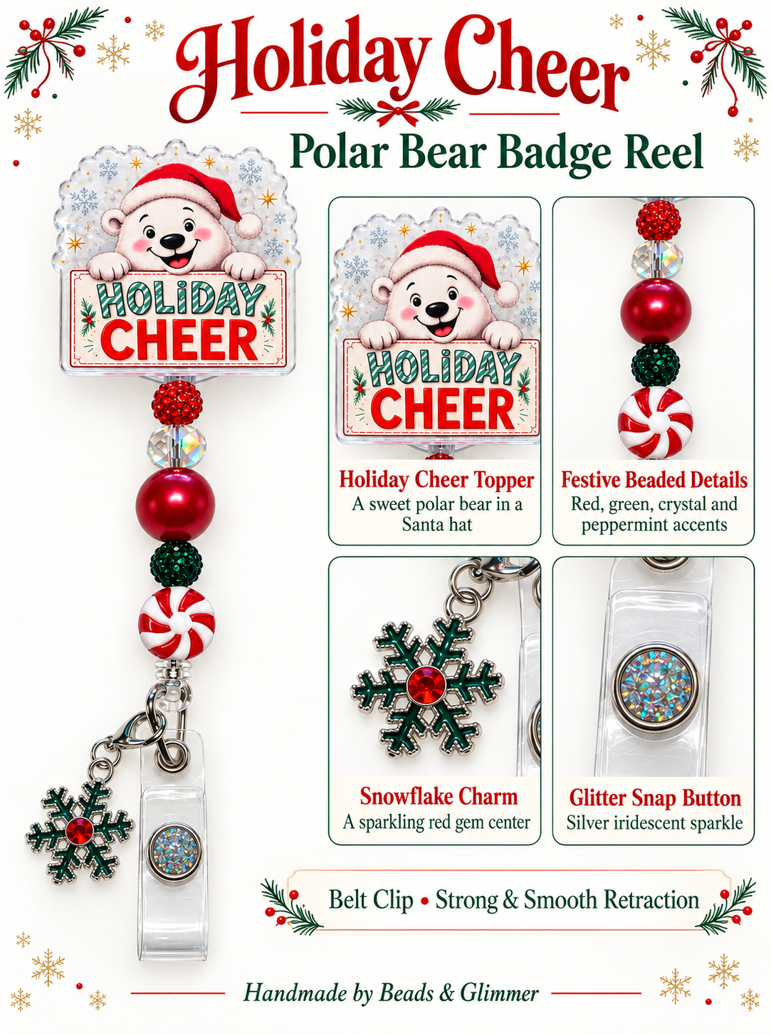 Holiday Cheer Polar Bear Beaded Badge Reel with Snowflake Charm
