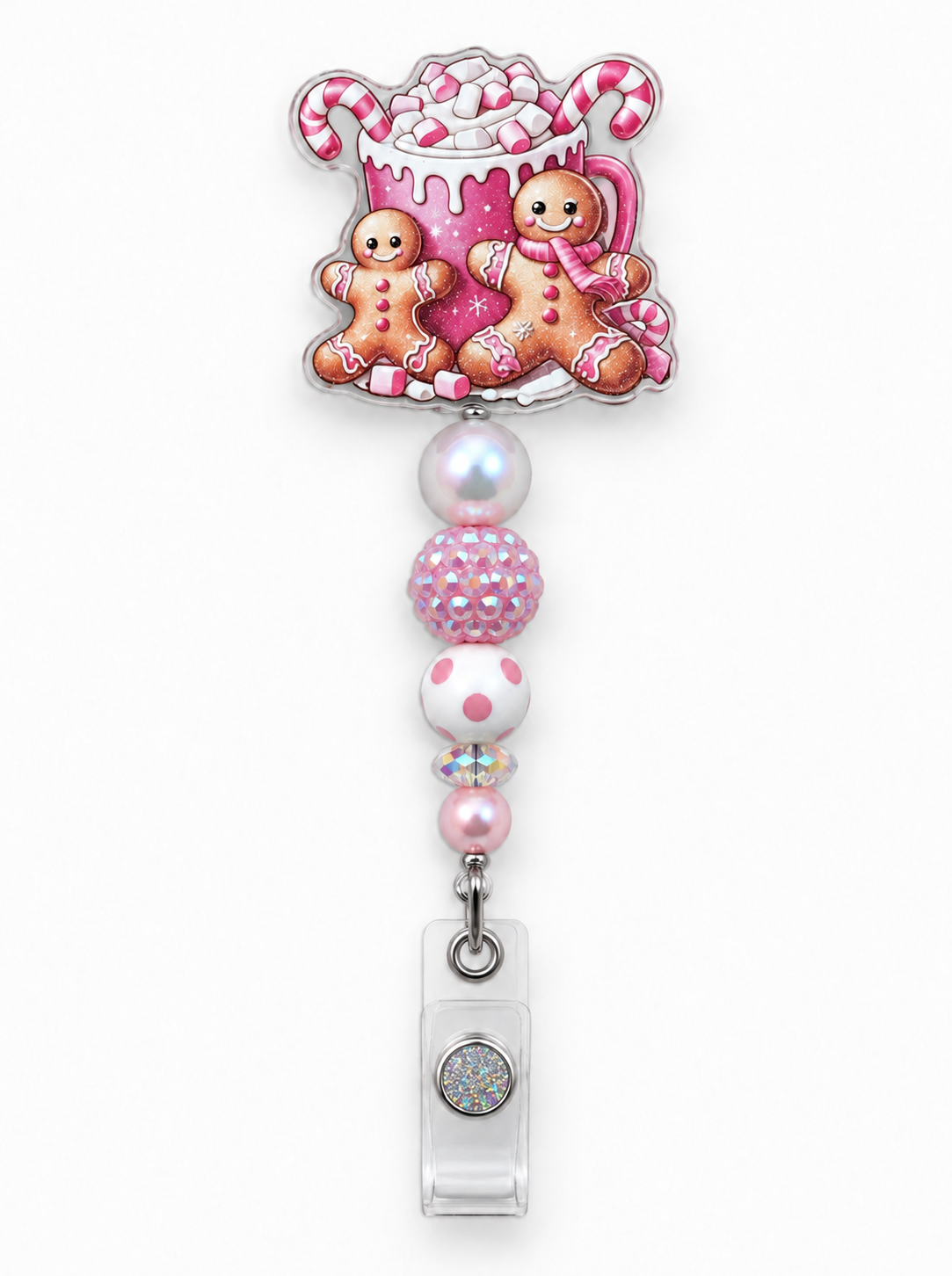 Pink Gingerbread Hot Cocoa Beaded Badge Reel