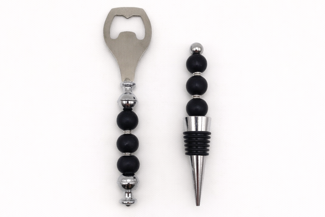 Matte Black Bar Set – Silicone Beaded Bottle Opener & Wine Stopper