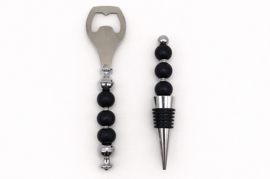 Matte Black Bar Set – Silicone Beaded Bottle Opener & Wine Stopper