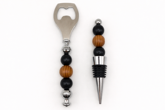 Natural Wood Beaded Bar Set – Bottle Opener & Wine Stopper