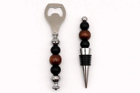 Wood & Black Silicone Bar Set – Bottle Opener & Wine Stopper