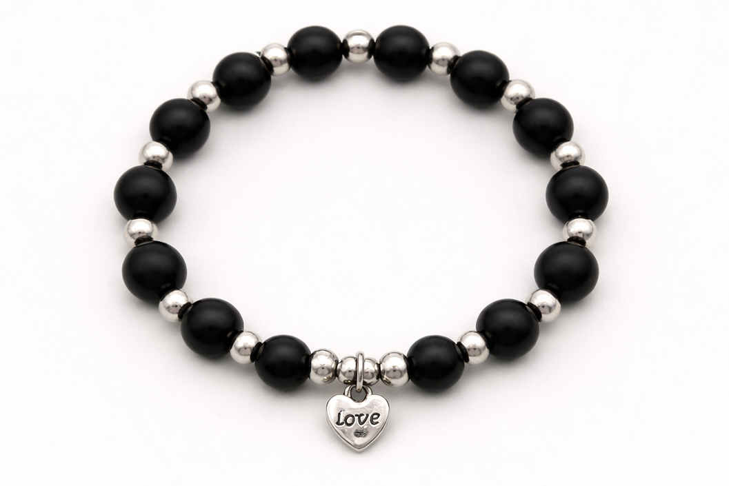Matte Black Onyx Bead Bracelet with Silver “Love” Heart Charm