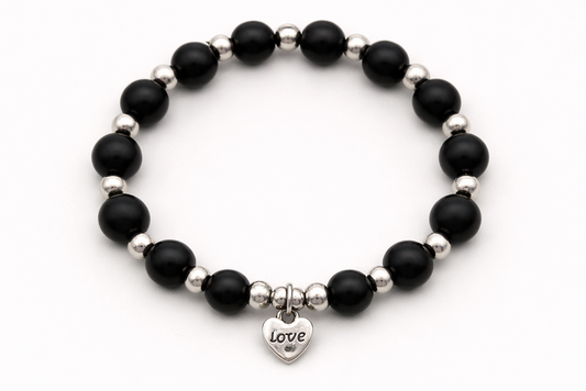 Matte Black Onyx Bead Bracelet with Silver “Love” Heart Charm
