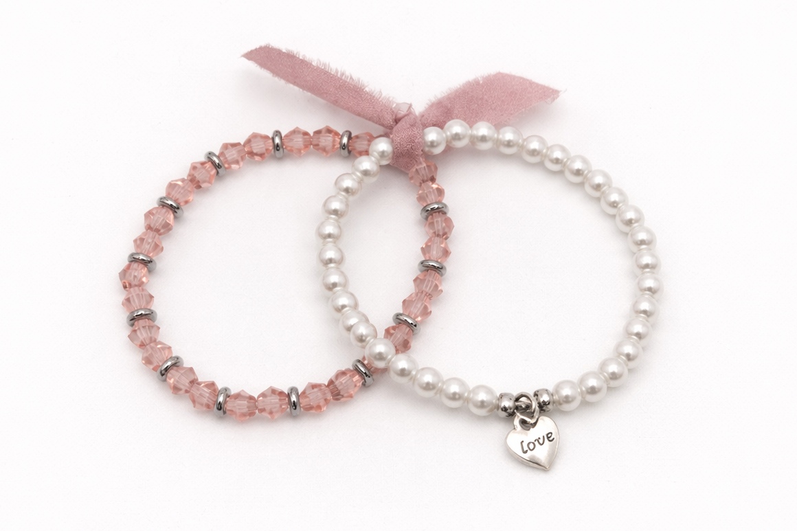 Pink Crystal & Pearl Bracelet Set with Heart Charm