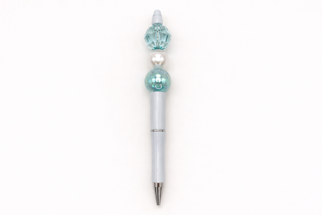 Crystal Wave Beaded Pen – Teal Crystal & Pearl Bead Pen with White Barrel