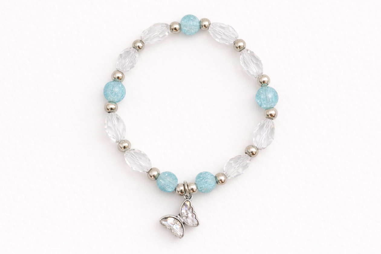 Blue Crackle Glass Bead Bracelet with Clear Faceted Beads & Butterfly Charm