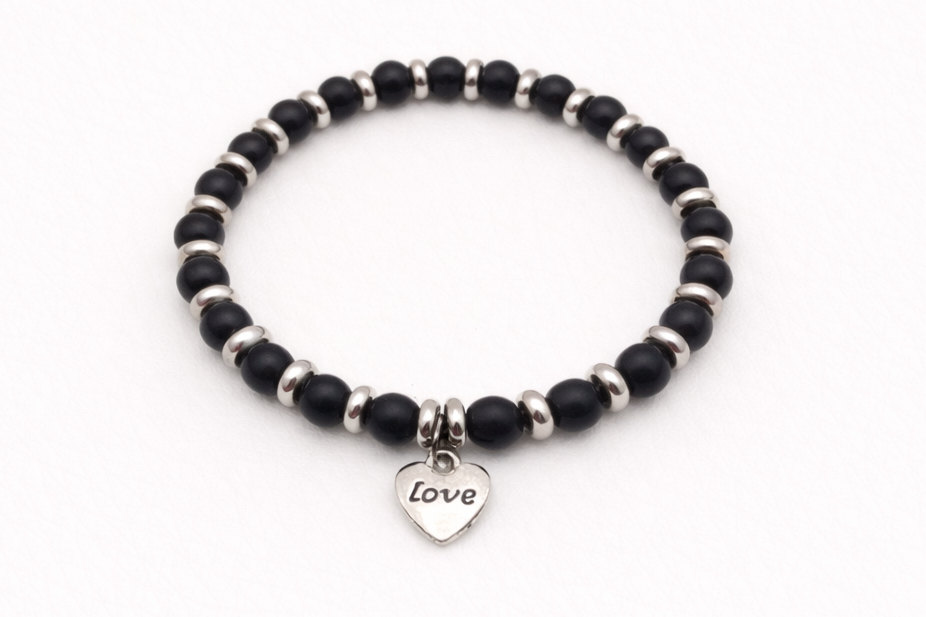 Women’s Black Onyx Bead Bracelet with Love Charm and Flat Spacers | 6mm Stretch Bracelet