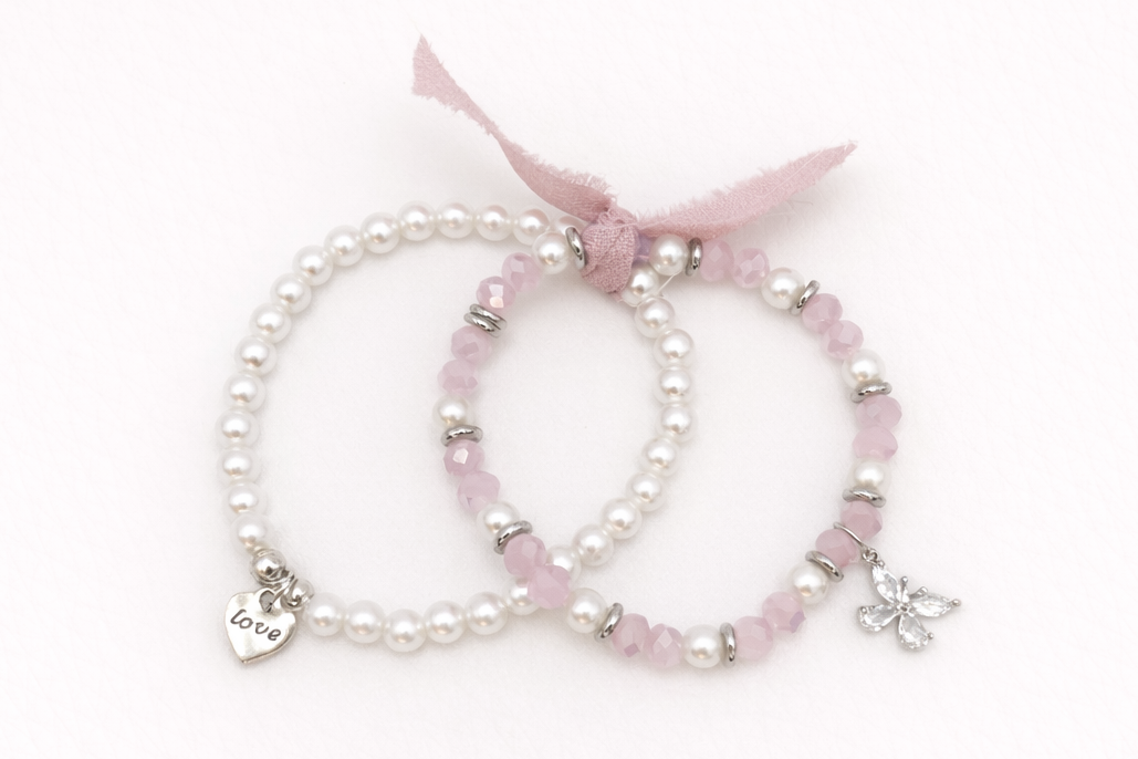 Pink & Pearl Bracelet Set with Butterfly & Heart Charms