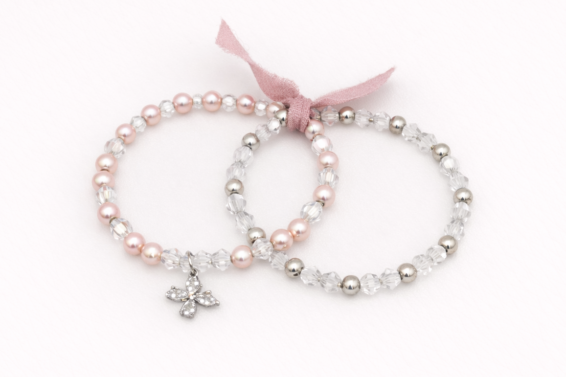 Pink Pearl & Crystal Bracelet Set with Butterfly Charm