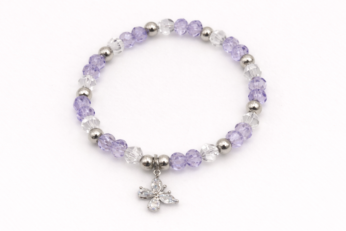 Purple & Clear Crystal Bracelet with Butterfly Charm