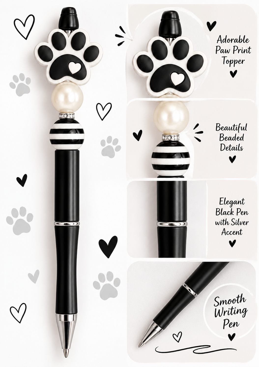 Black Paw Print Beaded Pen with Pearl & Heart Detail - Handmade Gift