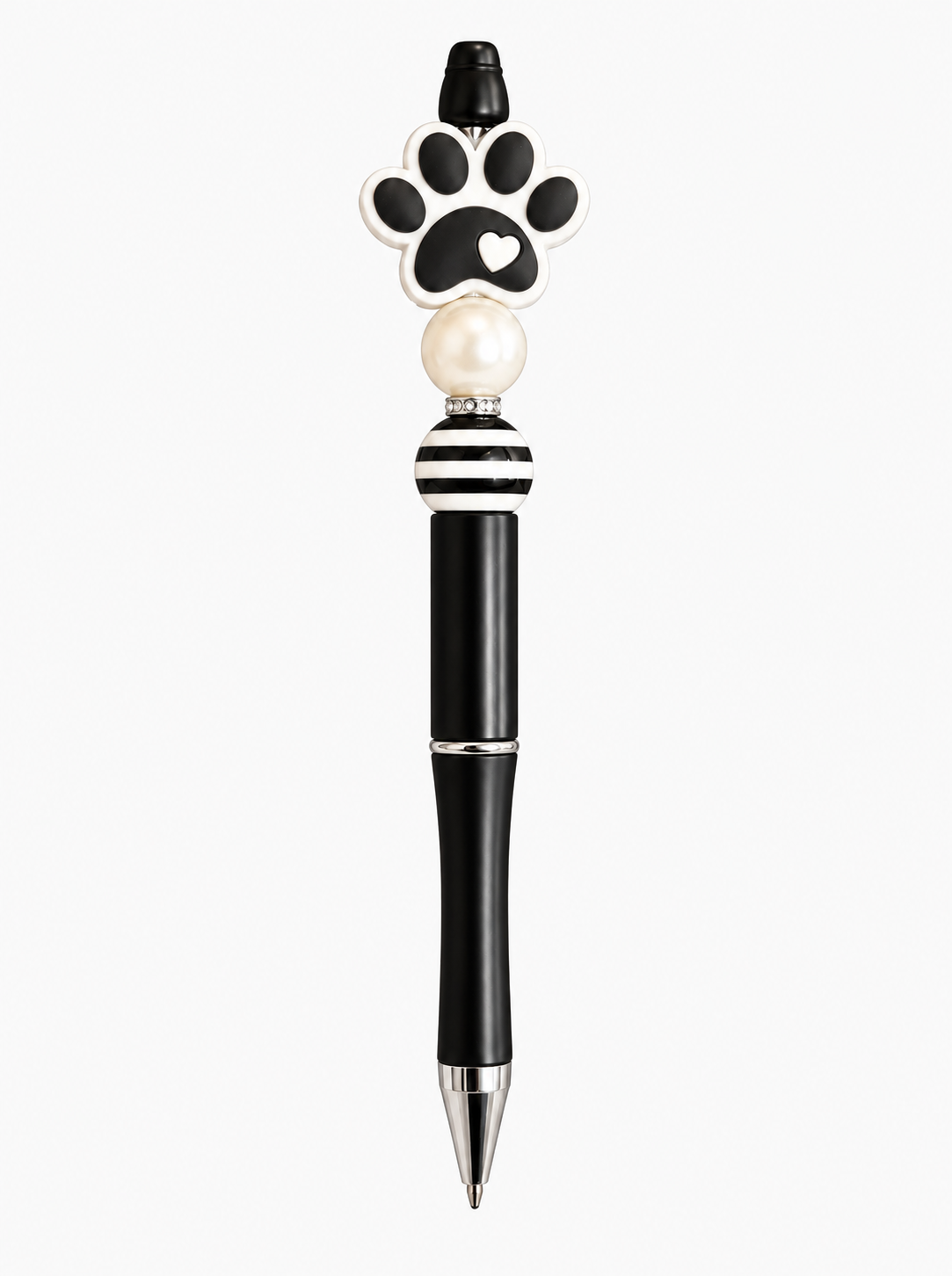 Black Paw Print Beaded Pen with Pearl & Heart Detail - Handmade Gift
