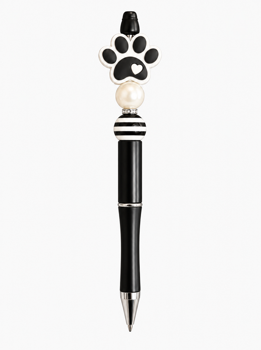 Black Paw Print Beaded Pen with Pearl & Heart Detail - Handmade Gift
