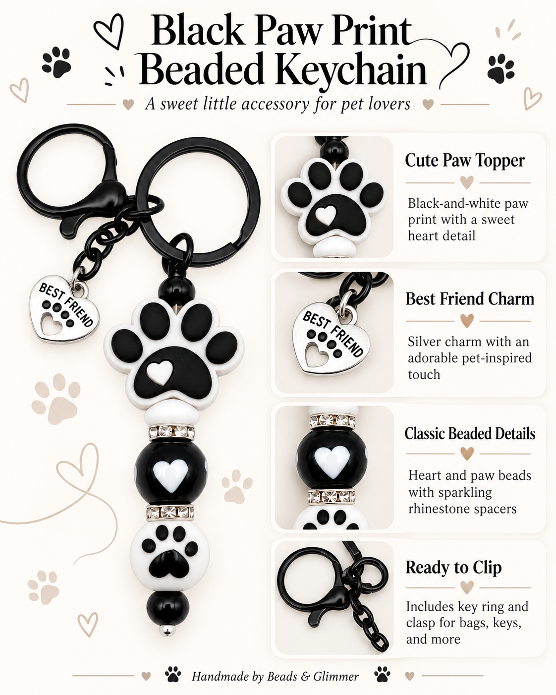 Paw Print Keychain with Best Friend Charm and Heart Print Bead
