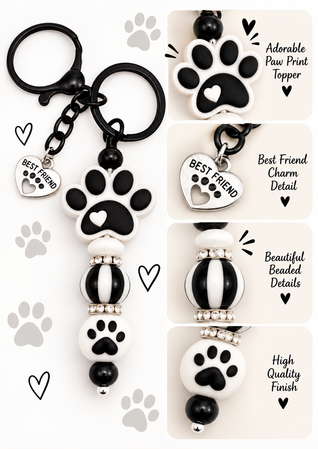 Paw Print Keychain with Stripe Bead & Best Friend Charm