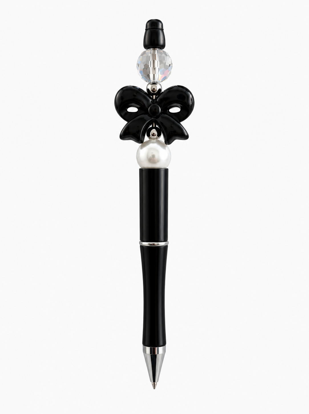 Black Bow Beaded Pen with AB Crystal & Pearl - Handmade Gift