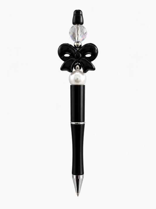 Black Bow Beaded Pen with AB Crystal & Pearl - Handmade Gift