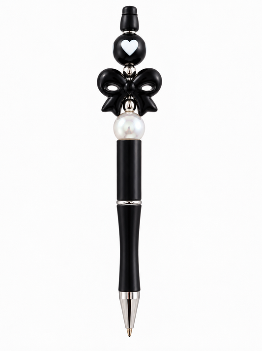 Black Bow & Heart Beaded Pen - Handmade Cute Gift