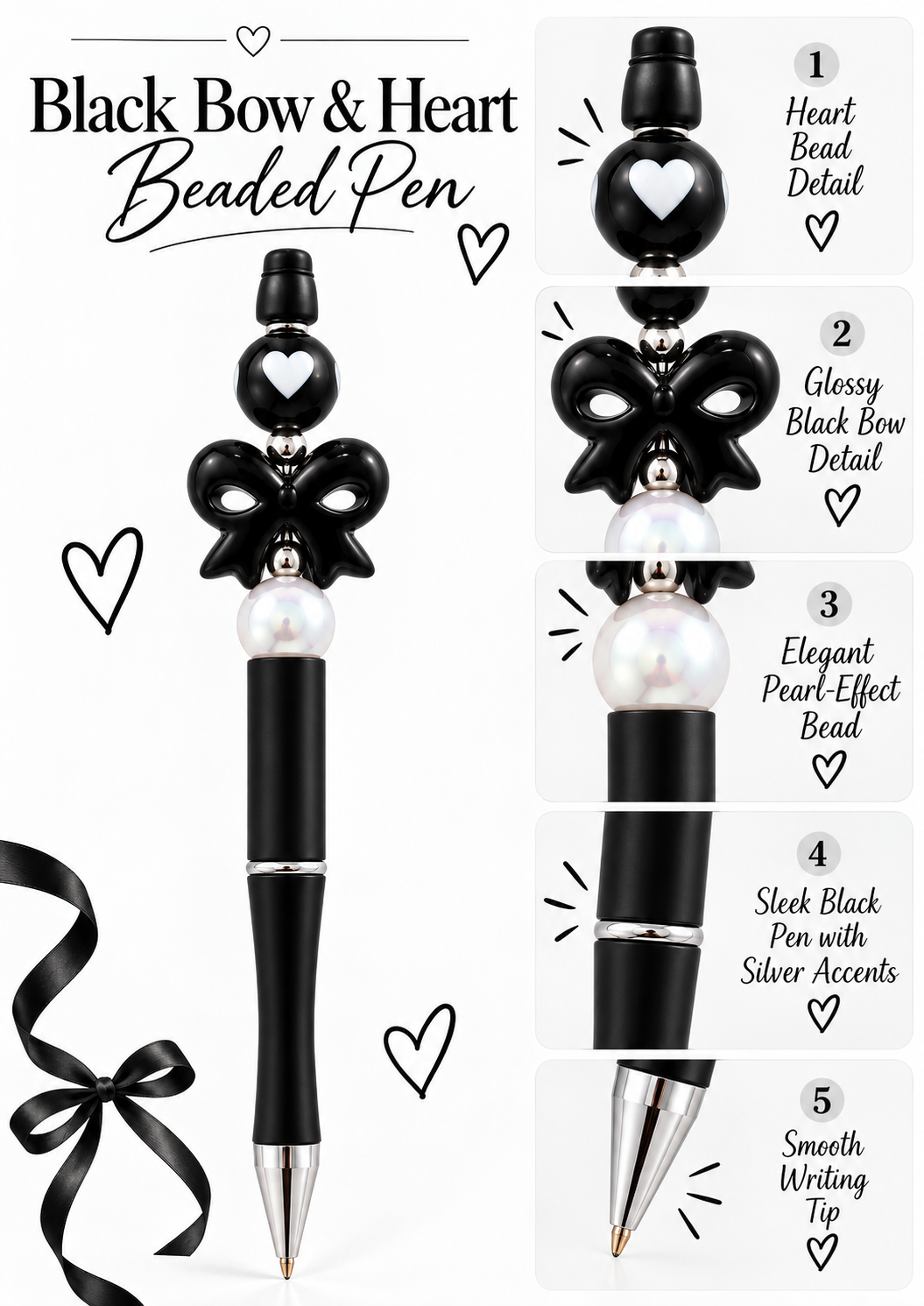 Black Bow & Heart Beaded Pen - Handmade Cute Gift