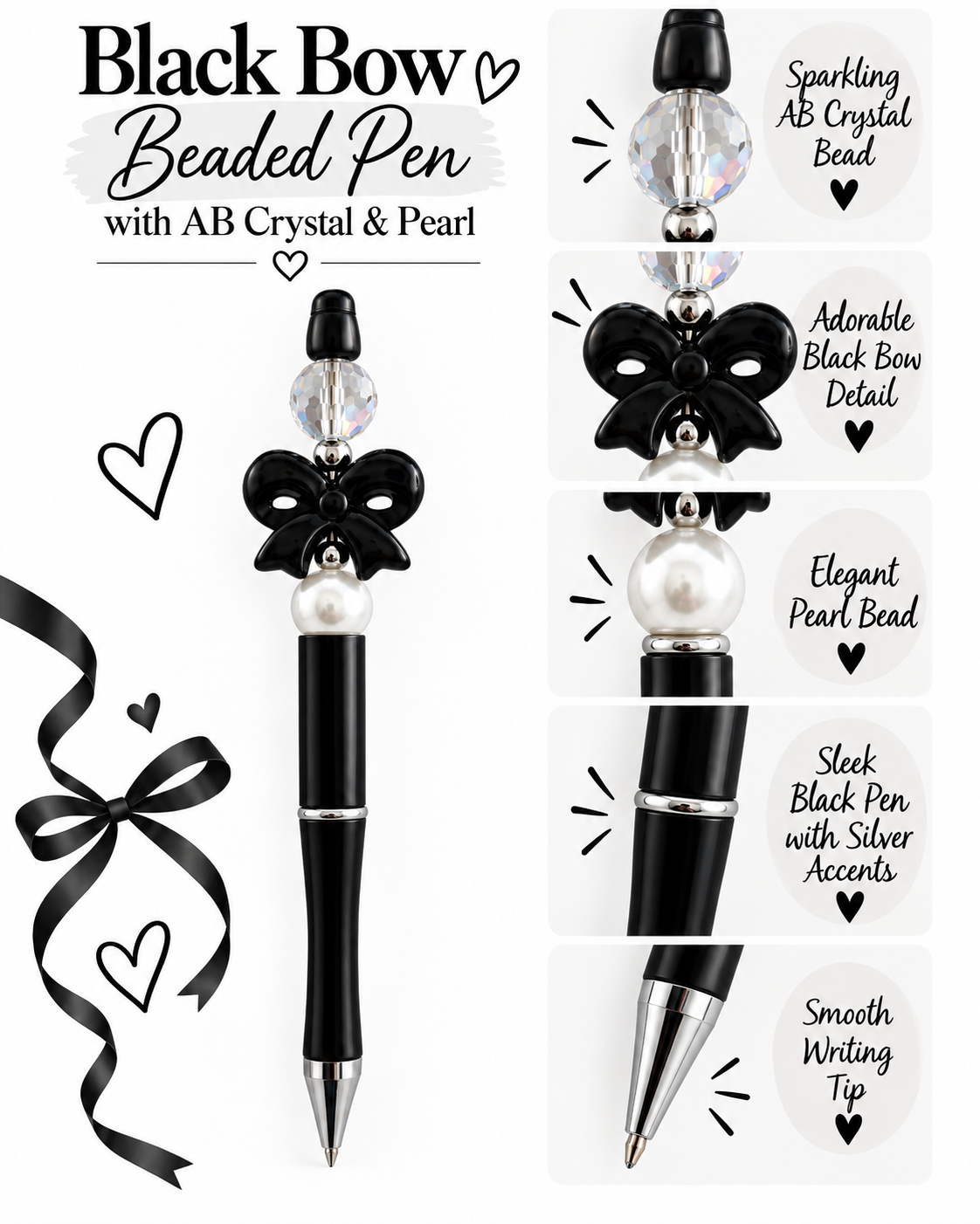 Black Bow Beaded Pen with AB Crystal & Pearl - Handmade Gift